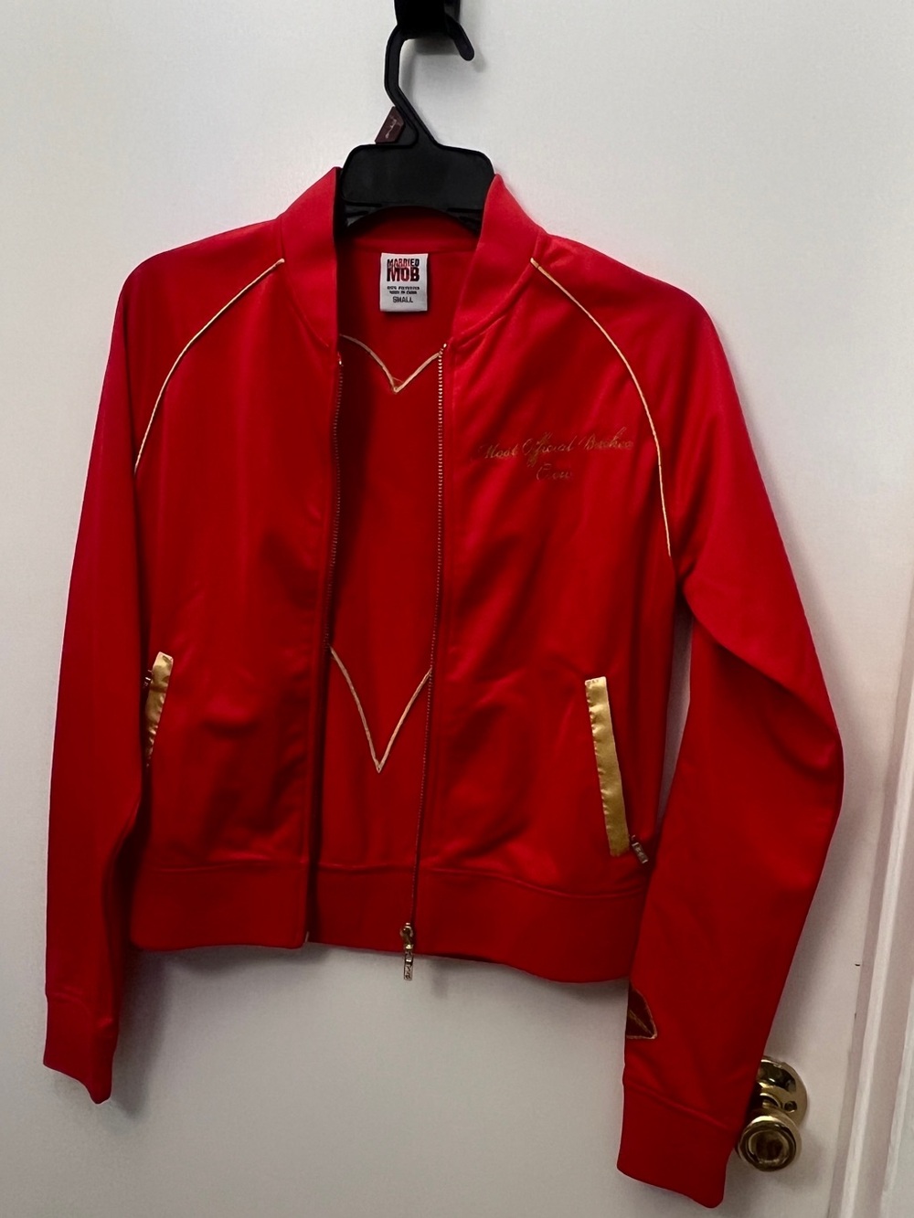 Married to the Mob Red Bomber Jacket with Gold Trim